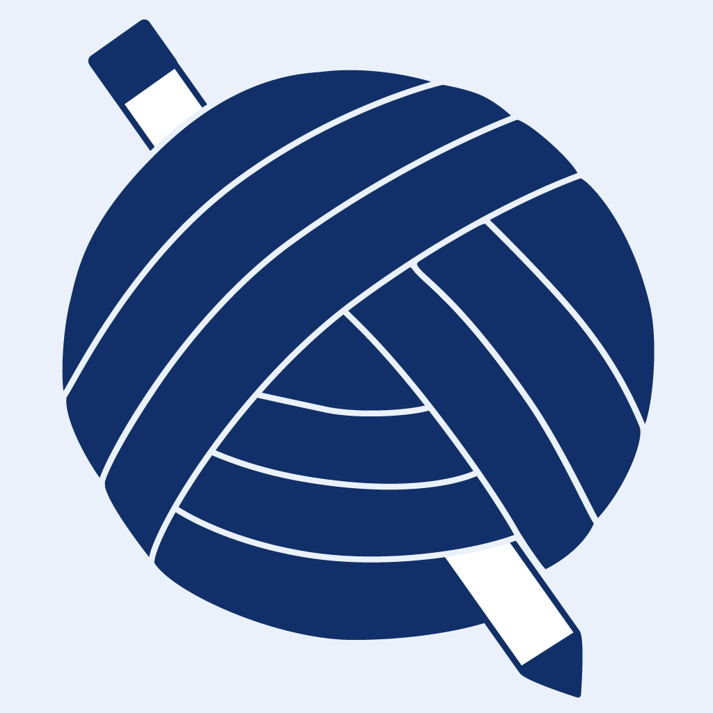 A dark blue ball of yarn with a pencil stuck through it